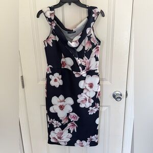 Navy Blue Midi Sheath Dress with Pink & White Floral Print